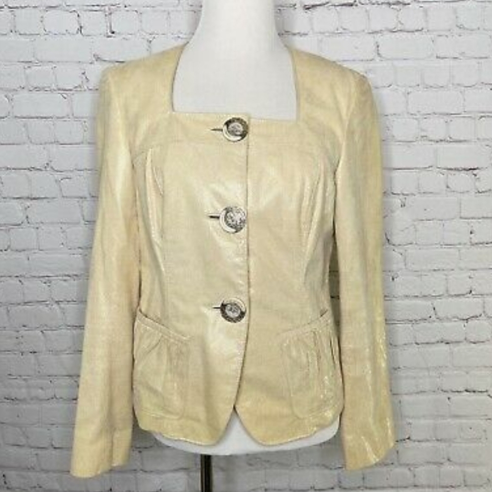 Lafayette 148 Ivory Leather Wood Button Jacket
